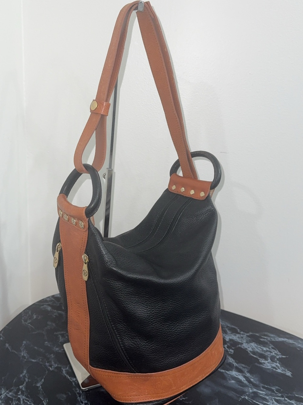 Valentina Pebbled Genuine Leather Black Bucket Sling Bag Backpack AUTHENTIC - Picture 10 of 15
